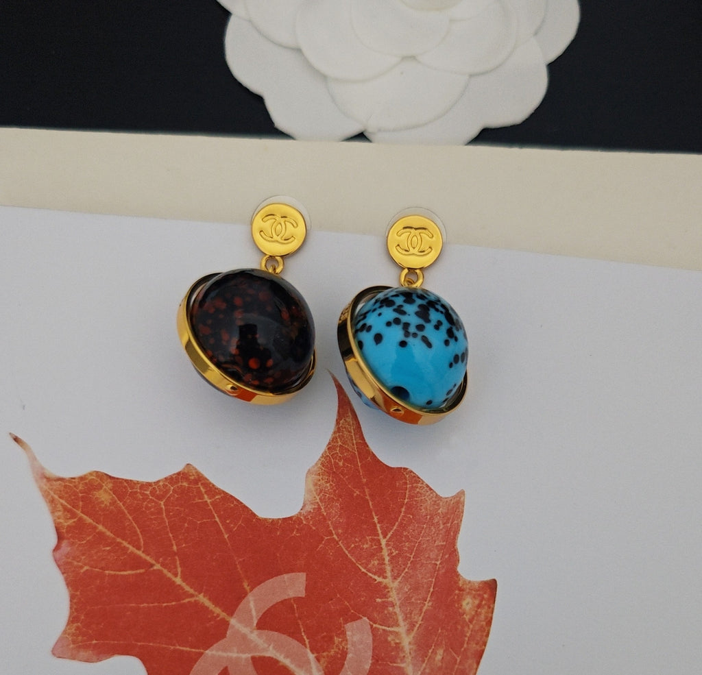 Signature Emblem Statement Earrings in Gold-Tone – Blue Detail – Design 002 close-up detail