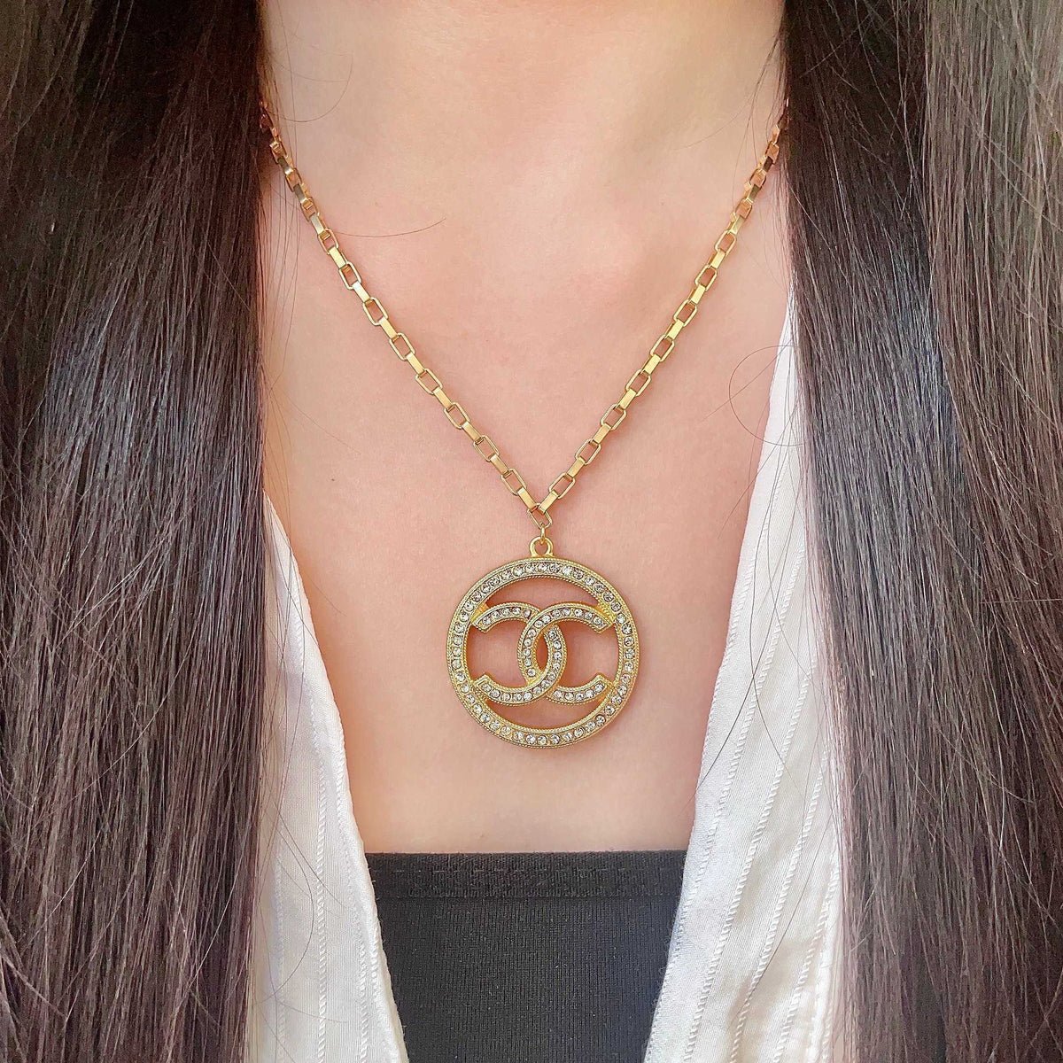 Double-C Emblem Crystal-Accent Pendant Necklace – Design 014 detail view