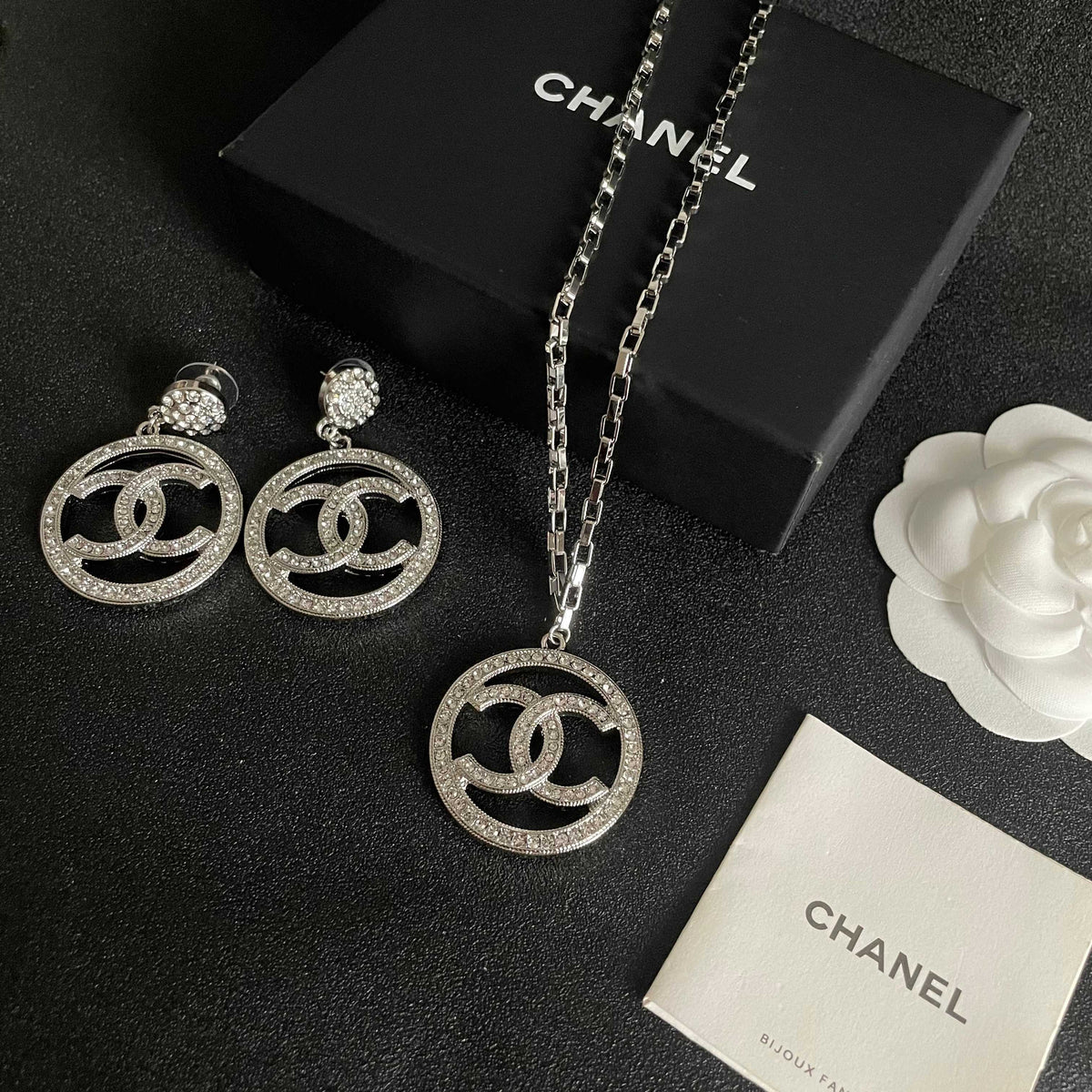 Double-C Emblem Crystal-Accent Pendant Necklace – Design 013 close-up detail