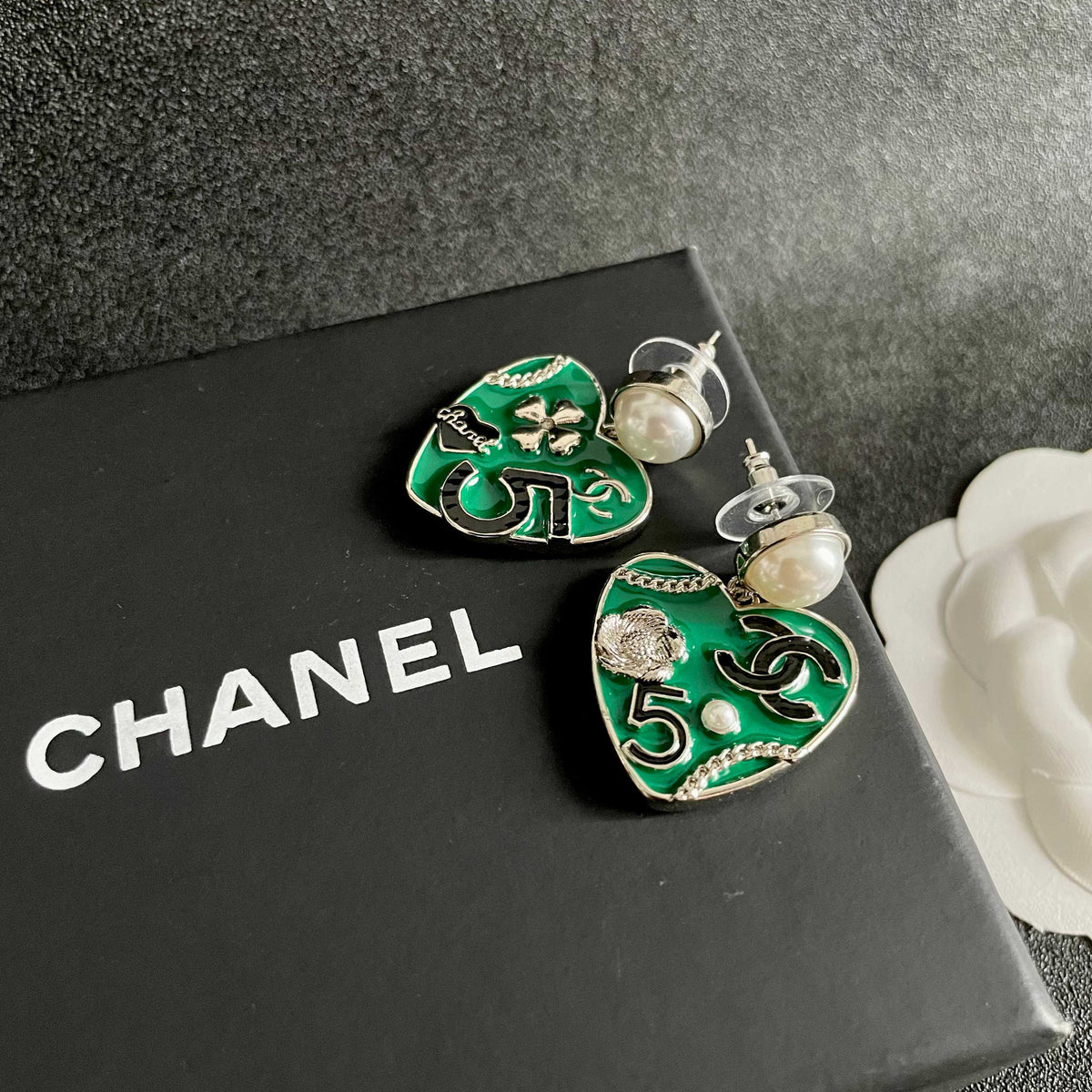 Double-C Emblem Pearl-Detail Statement Earrings – Pearl Detail – Design 005 detail view