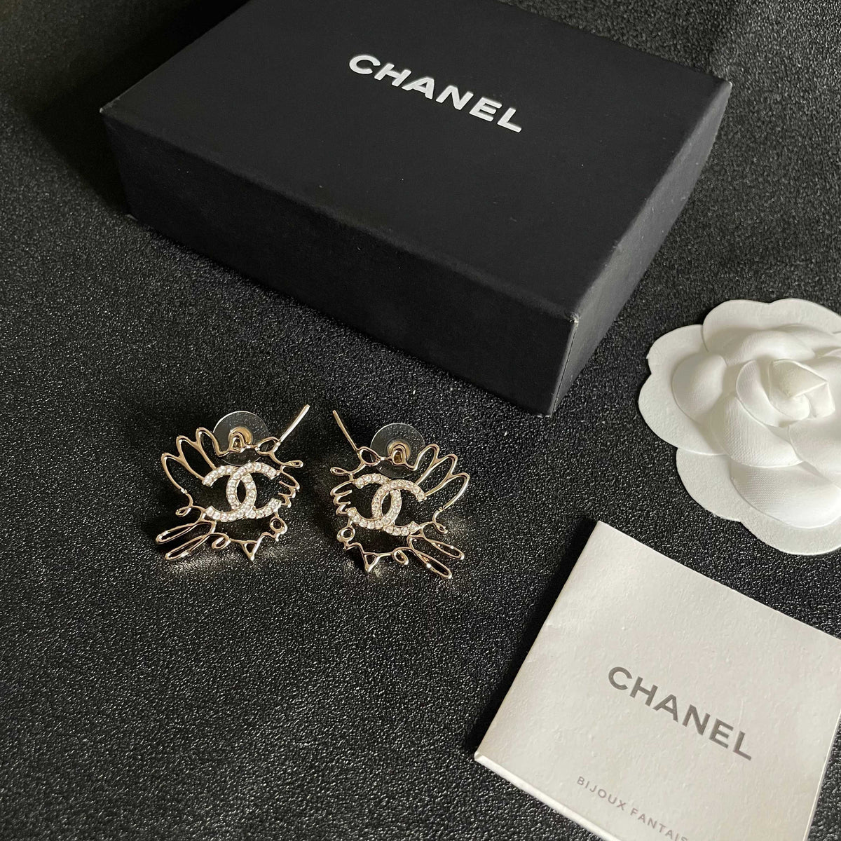 Double-C Emblem Crystal-Accent Stud Earrings – Design 013 close-up detail