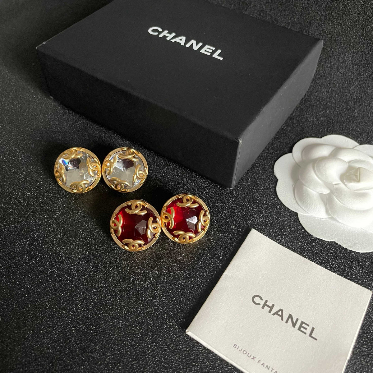 Double-C Emblem Stud Earrings in Polished Metal-Tone – Design 104 side detail