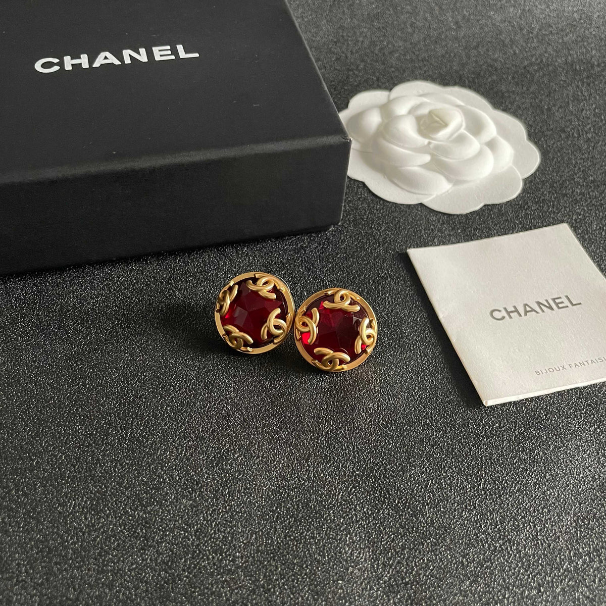 Double-C Emblem Stud Earrings in Polished Metal-Tone – Design 122 styled product view