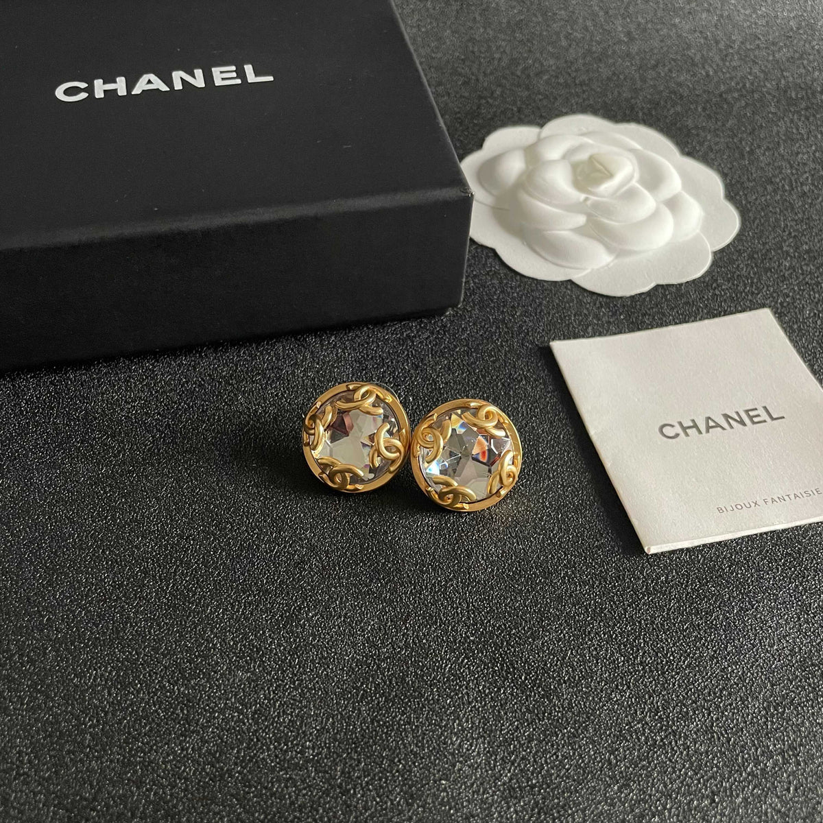 Double-C Emblem Stud Earrings in Polished Metal-Tone – Design 121 styled product view