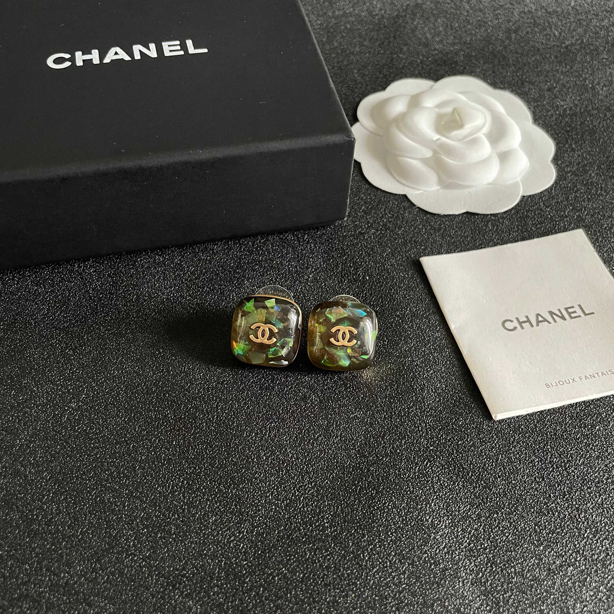 Double-C Emblem Stud Earrings in Polished Metal-Tone – Design 103 styled product view