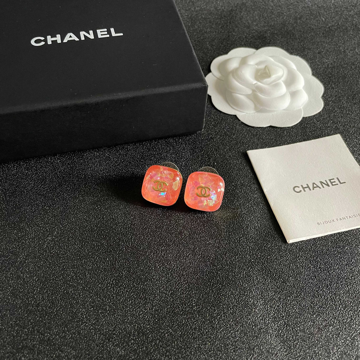 Double-C Emblem Stud Earrings in Polished Metal-Tone – Design 119 styled product view