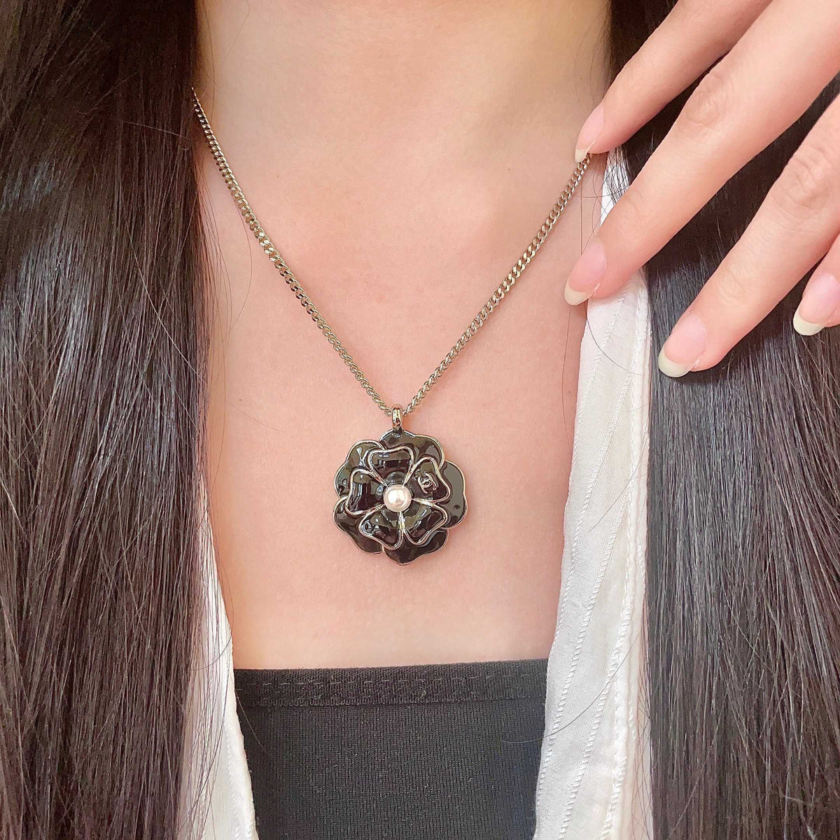 Camellia Pendant Necklace in Polished Metal-Tone – Camellia Detail – Design 010 main product view