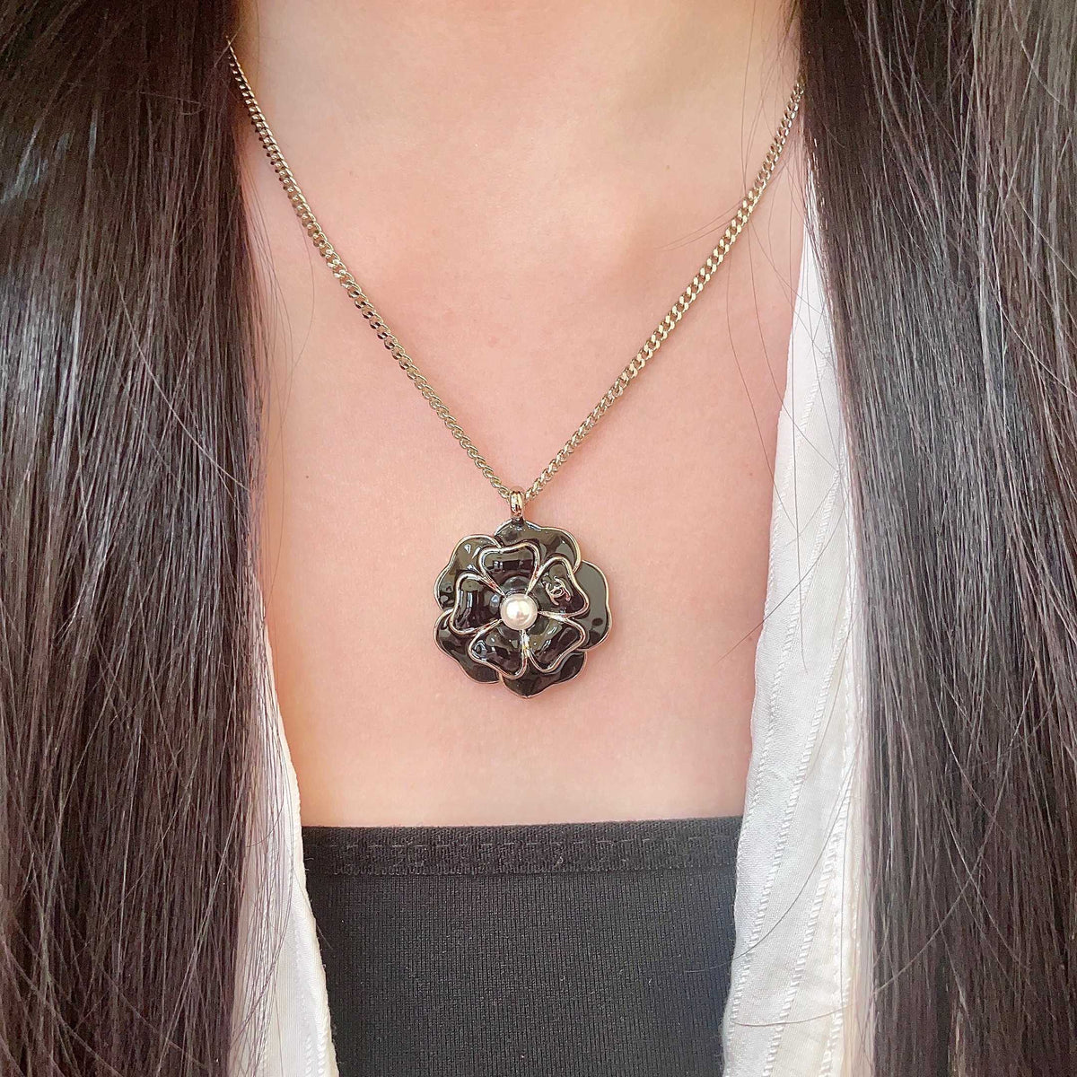 Camellia Pendant Necklace in Polished Metal-Tone – Camellia Detail – Design 006 detail view