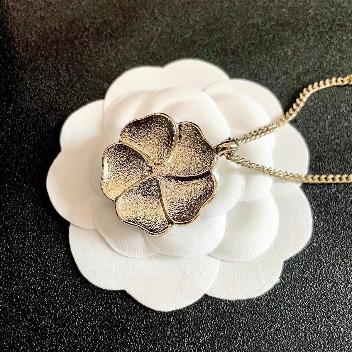 Camellia Pendant Necklace in Polished Metal-Tone – Camellia Detail – Design 010 front product view