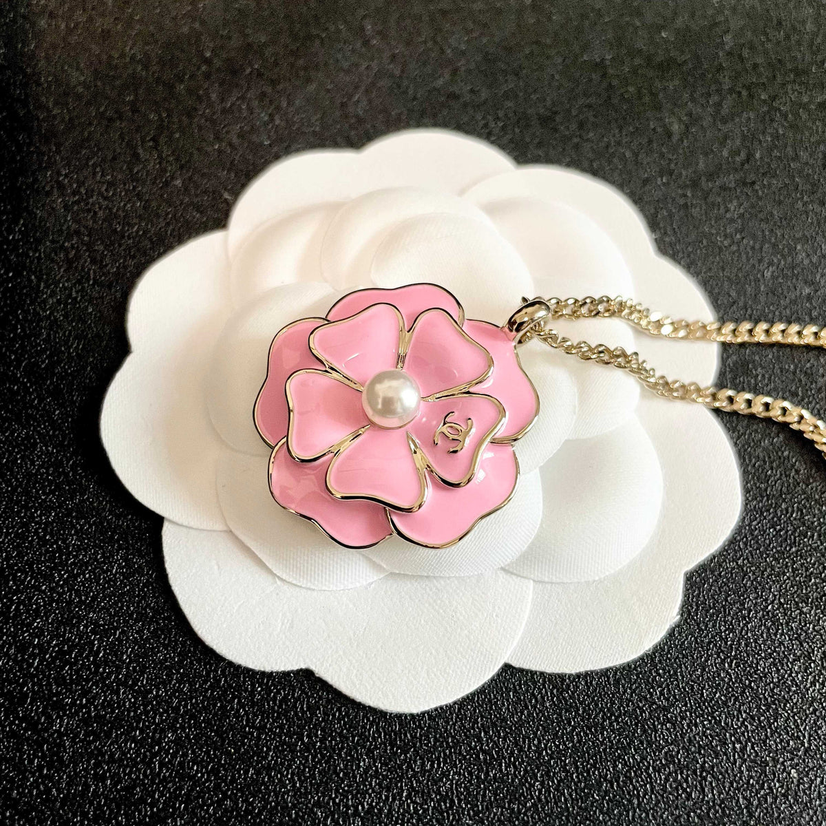 Camellia Pendant Necklace in Polished Metal-Tone – Camellia Detail – Design 003 front product view