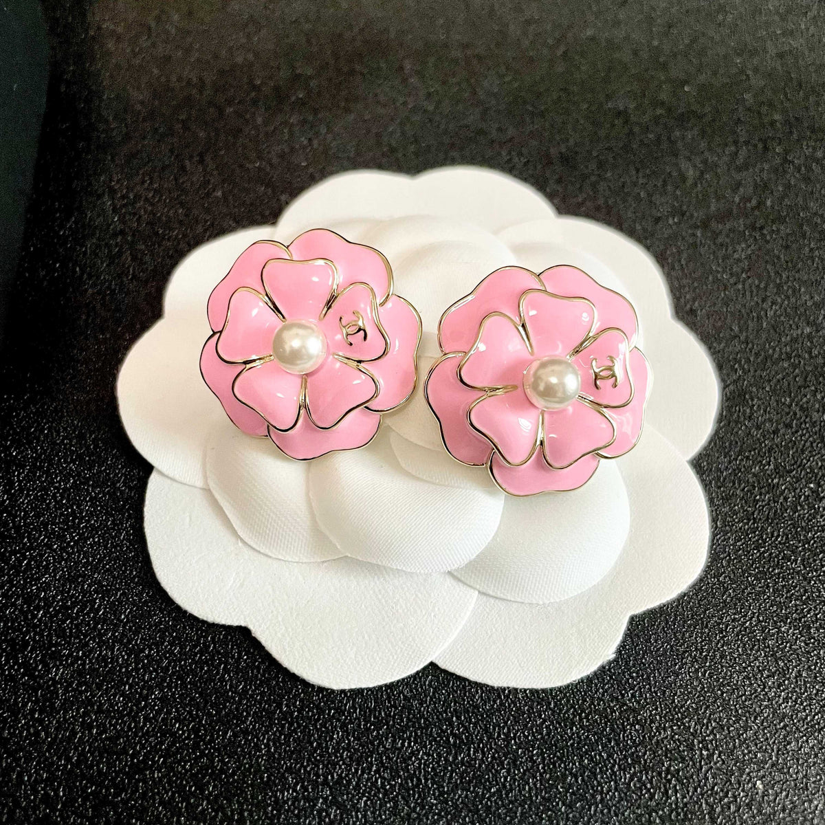 Camellia Stud Earrings in Polished Metal-Tone – Camellia Detail – Design 017 front product view