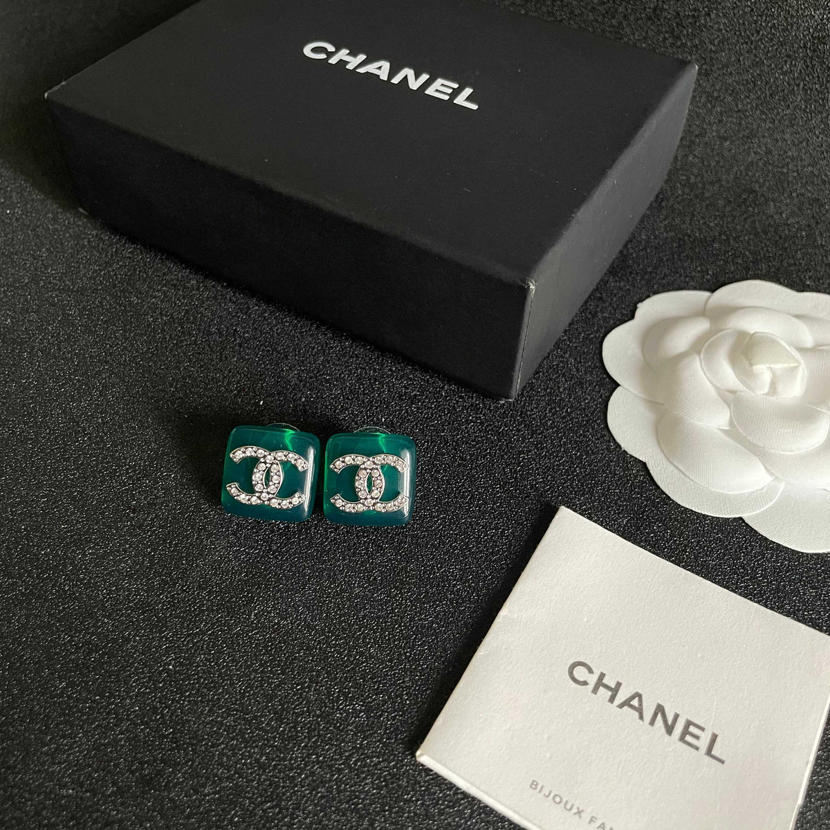 Double-C Emblem Crystal-Accent Stud Earrings – Design 008 close-up detail