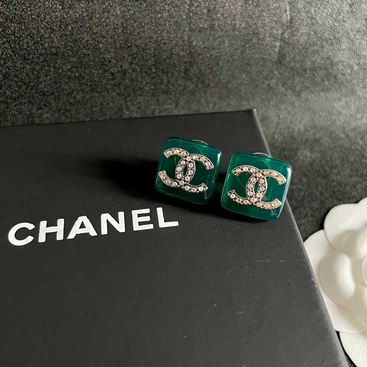 Double-C Emblem Crystal-Accent Stud Earrings – Design 008 detail view