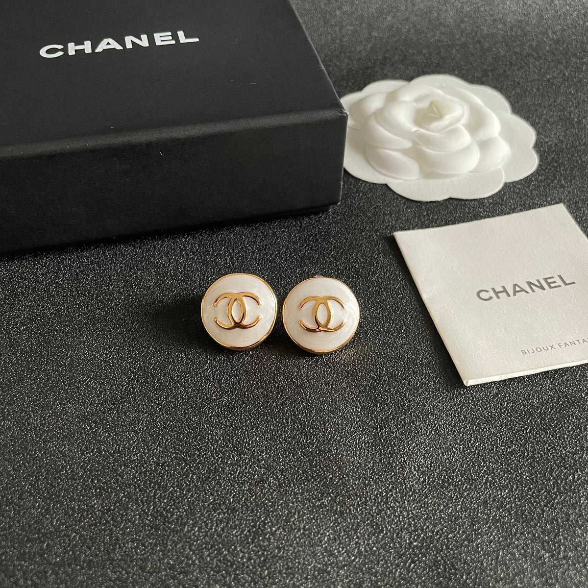 Double-C Emblem Stud Earrings in Polished Metal-Tone – Design 087 styled product view
