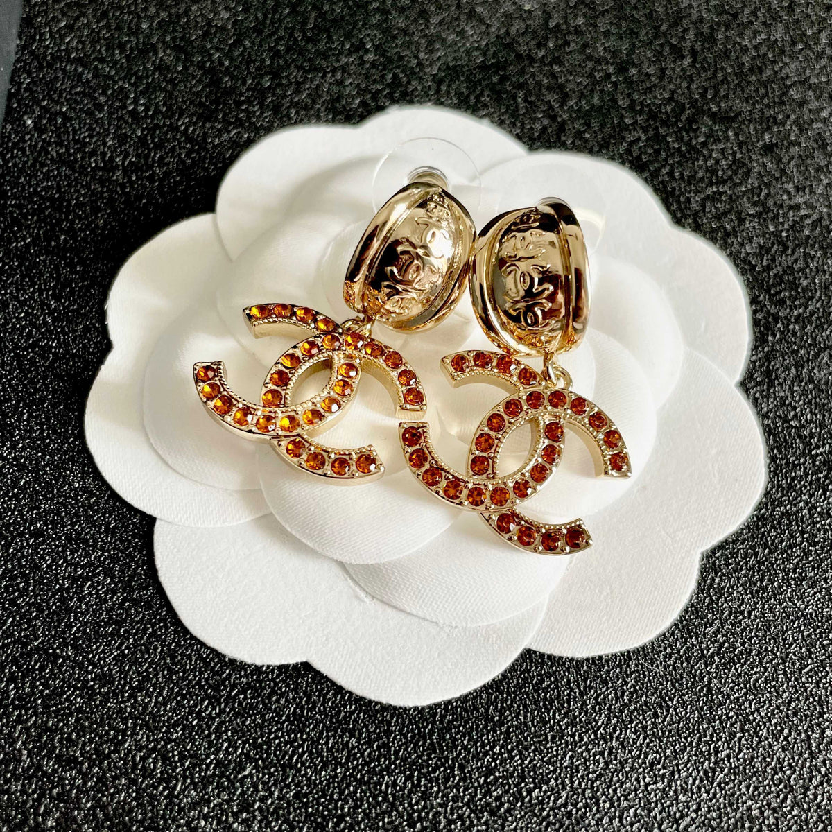 Double-C Emblem Crystal-Accent Statement Earrings – Design 005 front product view