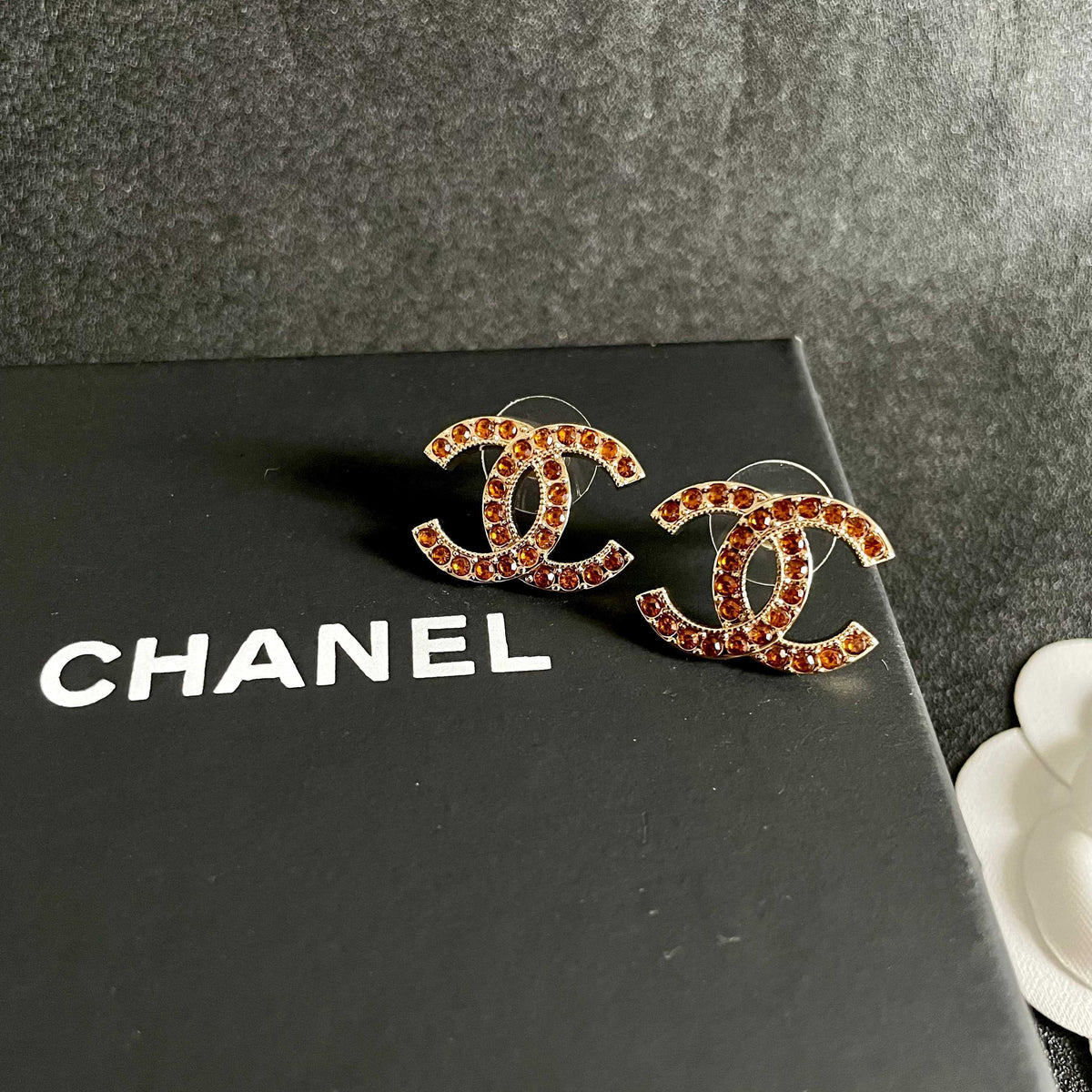 Double-C Emblem Crystal-Accent Stud Earrings – Design 001 detail view
