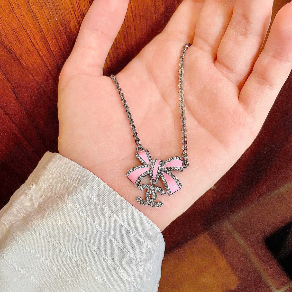 Double-C Emblem Crystal-Accent Pendant Necklace – Design 003 side detail