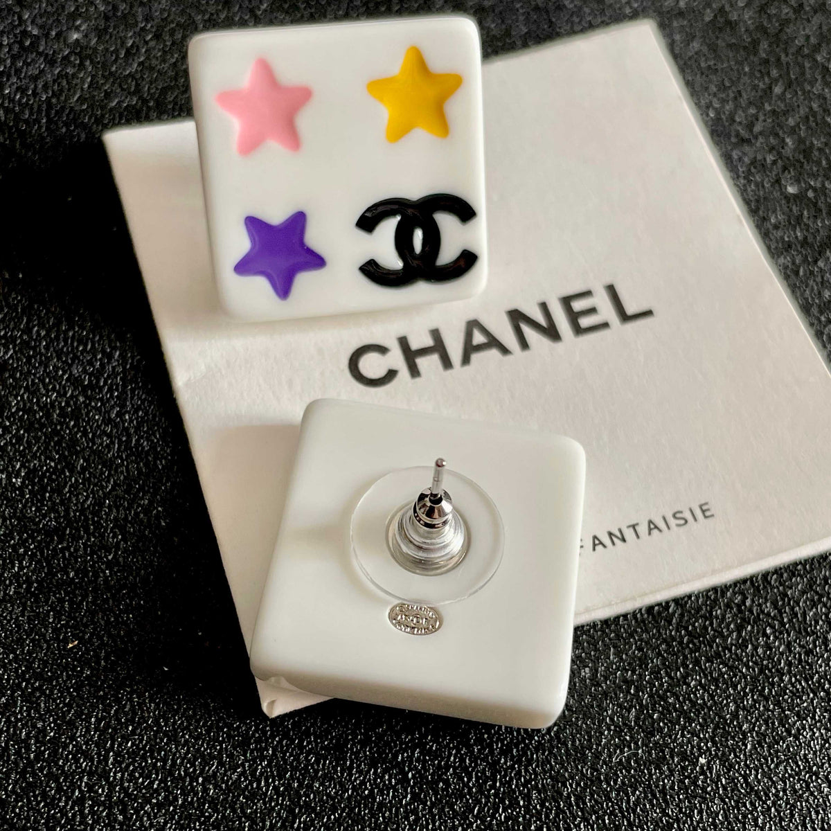 Double-C Emblem Stud Earrings in Polished Metal-Tone – Star Detail – Design 003 main product view
