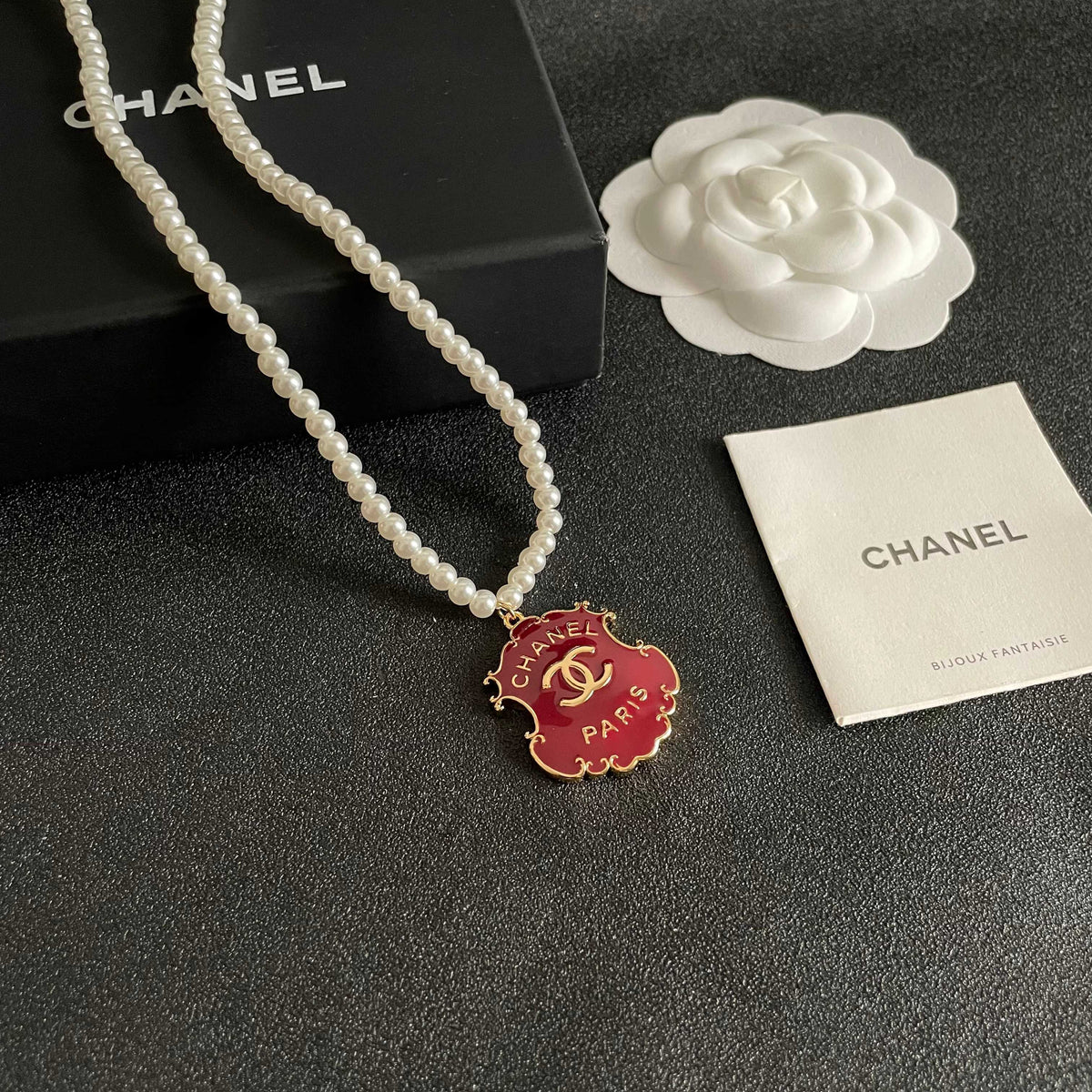 Double-C Emblem Pearl-Detail Pendant Necklace – Pearl Detail – Design 002 styled product view