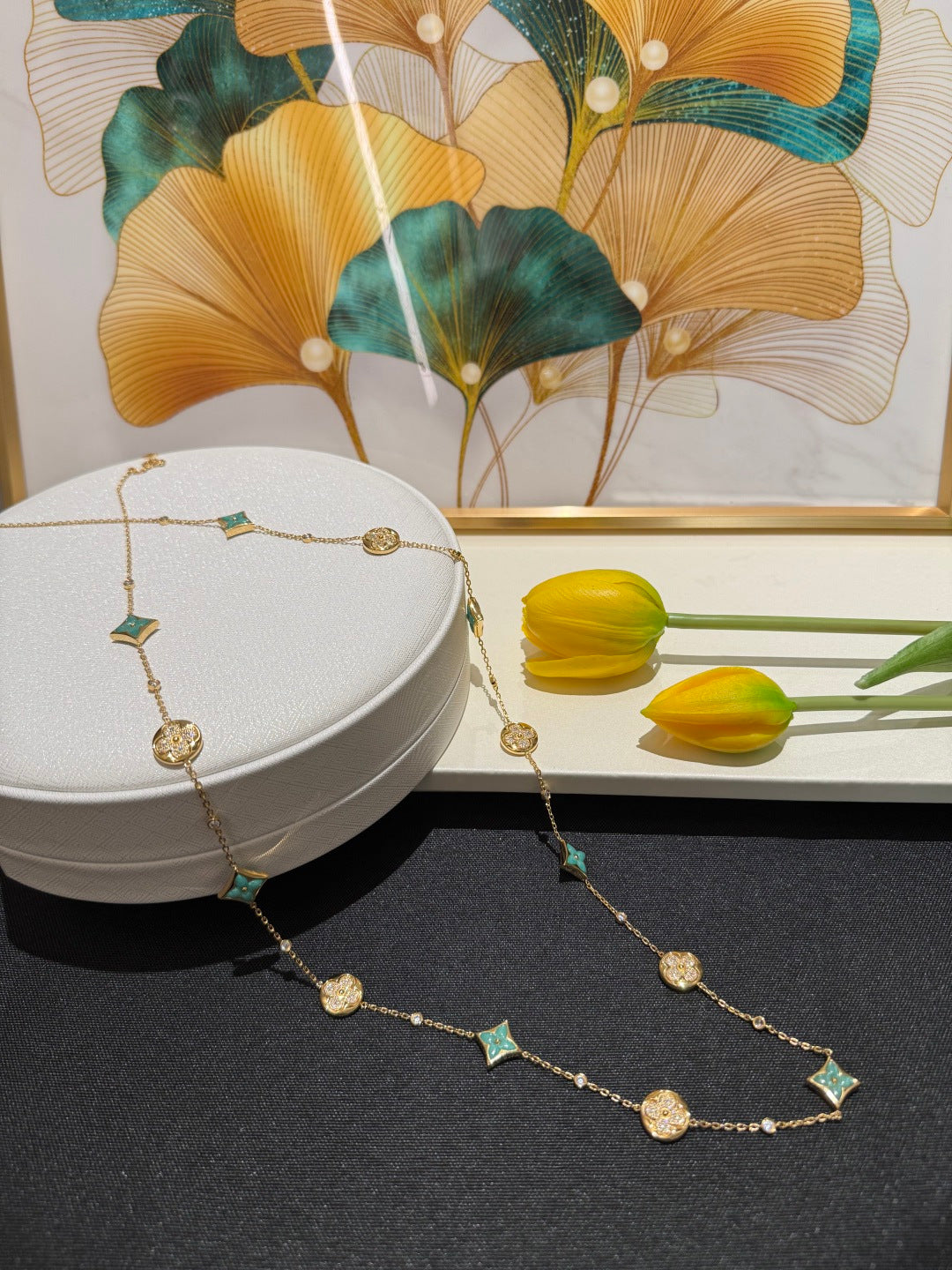 Geometric Emblem Pendant Necklace in Gold-Tone – Design 053 detail view