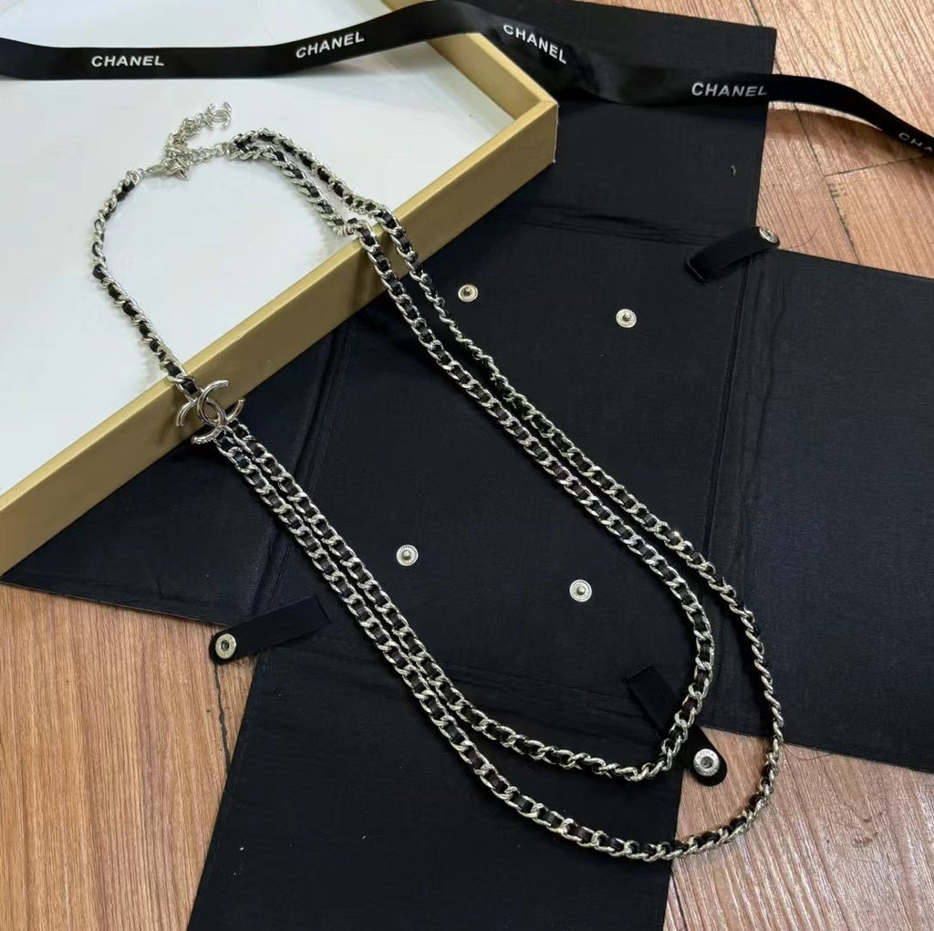 Double-C Emblem Pendant Necklace in Polished Metal-Tone – Black Detail – Design 003 close-up detail