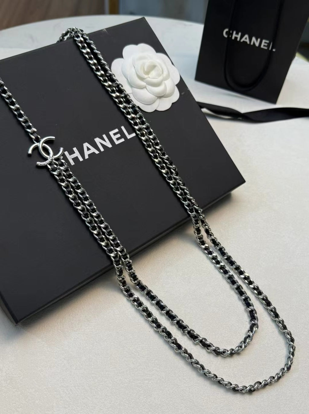 Double-C Emblem Pendant Necklace in Polished Metal-Tone – Black Detail – Design 003 front product view