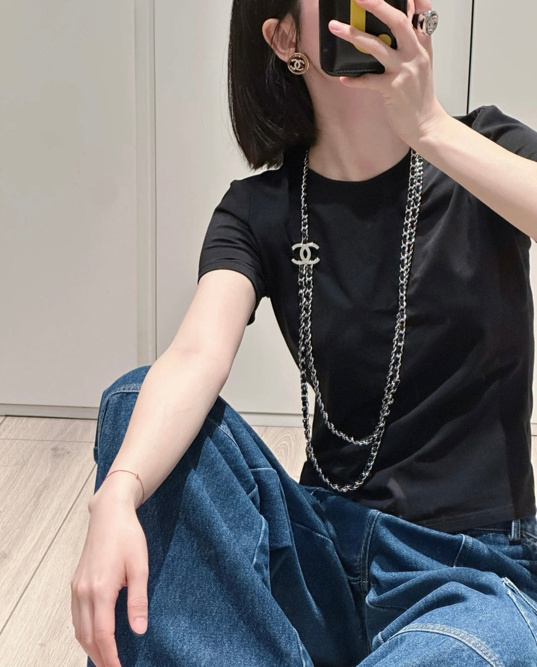 Double-C Emblem Pendant Necklace in Polished Metal-Tone – Black Detail – Design 003 main product view