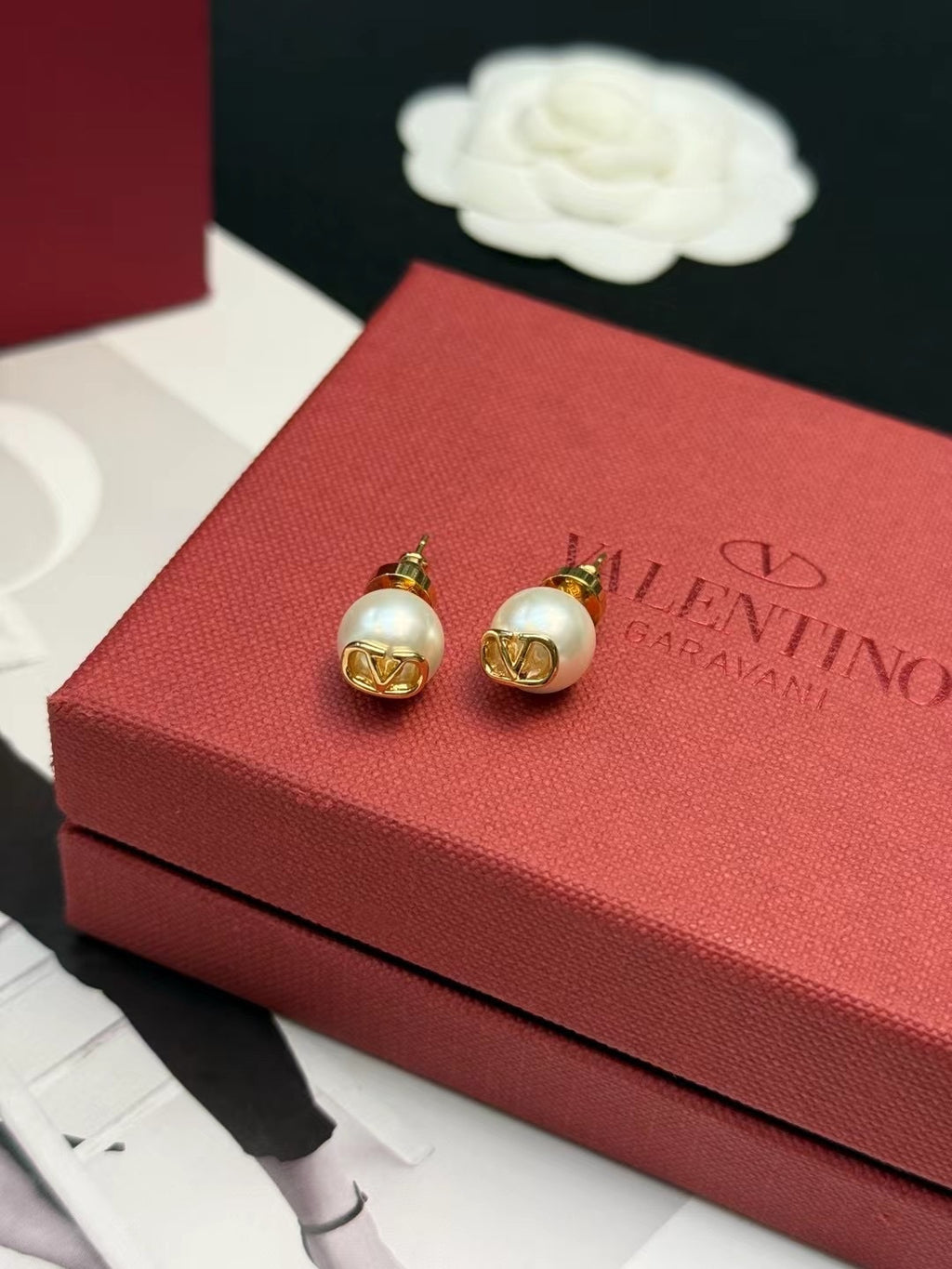 Signature Emblem Pearl-Detail Stud Earrings – Design 03 front view