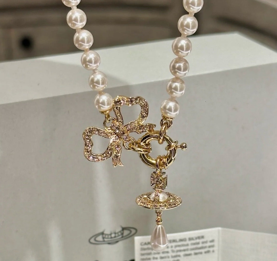Orb Pendant Necklace in Polished Metal-Tone – Pearl Detail – Design 004 side detail