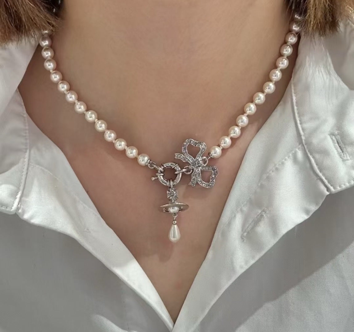 Orb Pendant Necklace in Polished Metal-Tone – Pearl Detail – Design 004 main product view
