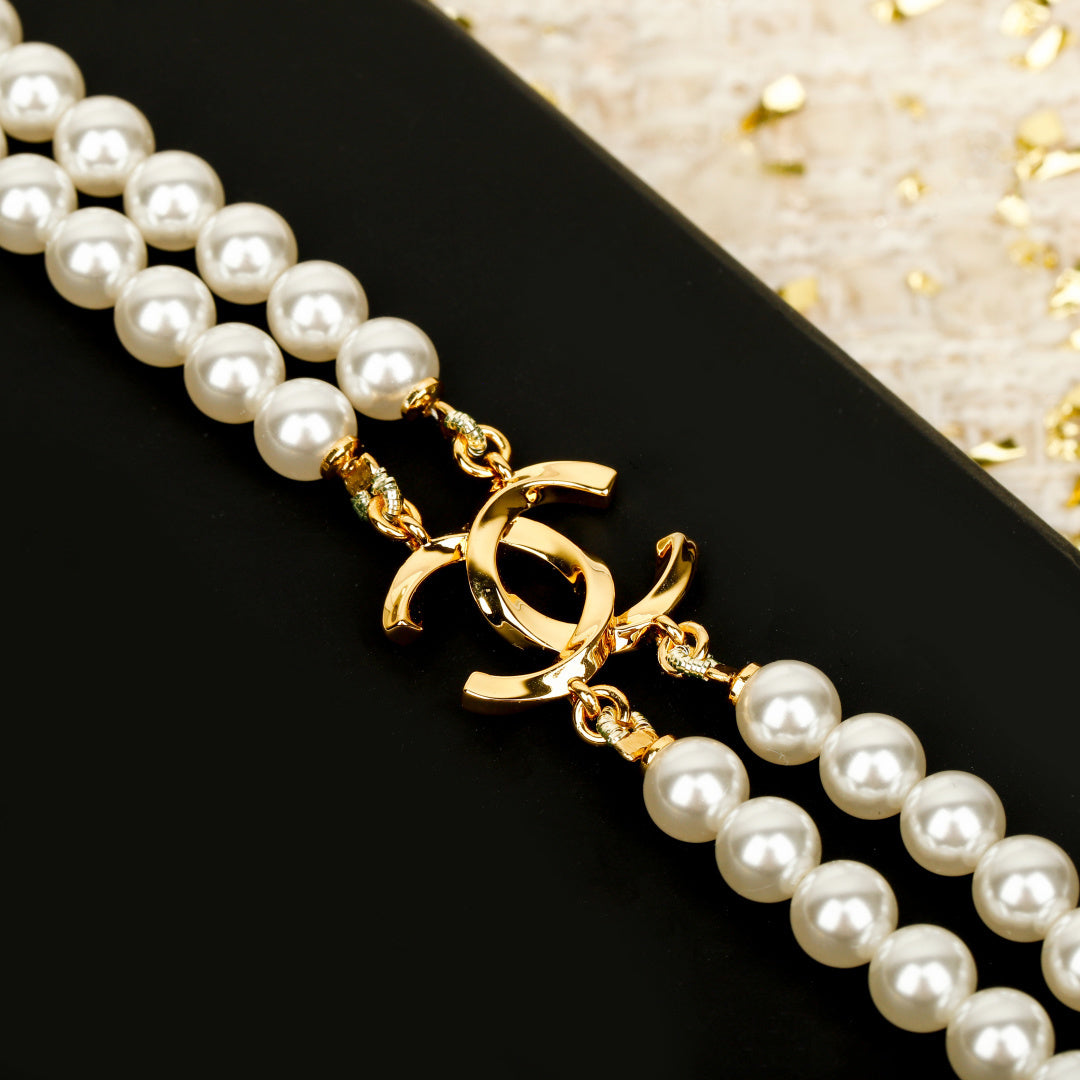 Double-C Emblem Pearl-Detail Pendant Necklace – Pearl Detail – Design 014 close-up detail