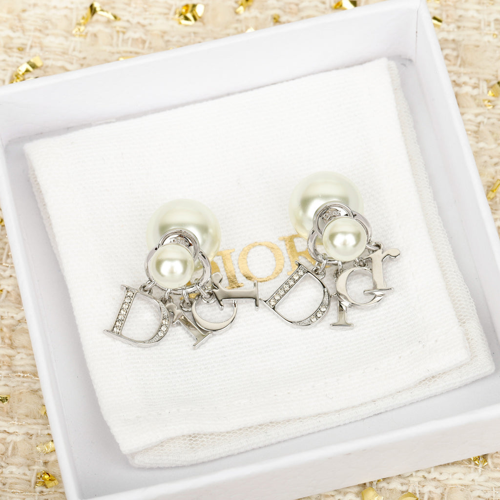 Letter Emblem Stud Earrings in Silver-Tone – Silver Detail – Design 008 front product view