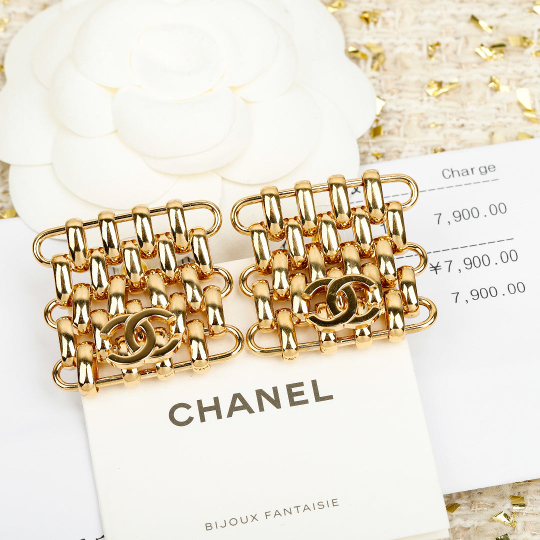 Double-C Emblem Stud Earrings in Gold-Tone – Design 040 detail view