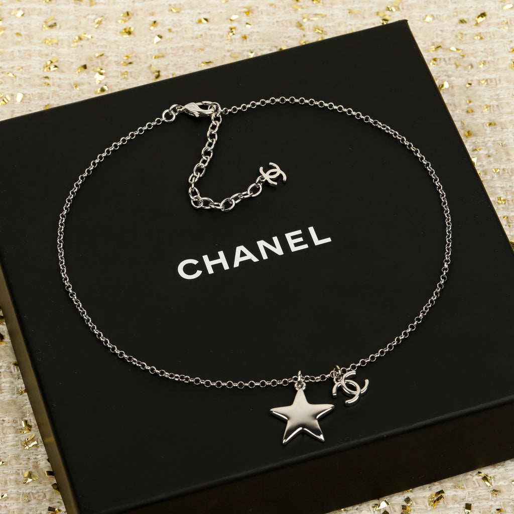 Double-C Emblem Pendant Necklace in Silver-Tone – White Detail front product view