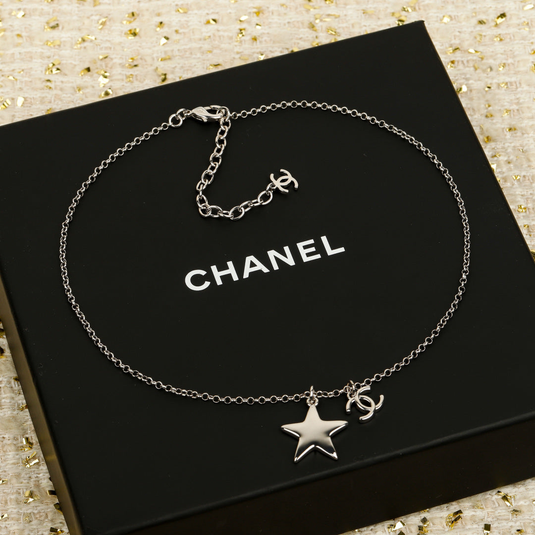 Double-C Emblem Pendant Necklace in Silver-Tone – White Detail – Design 002 front product view