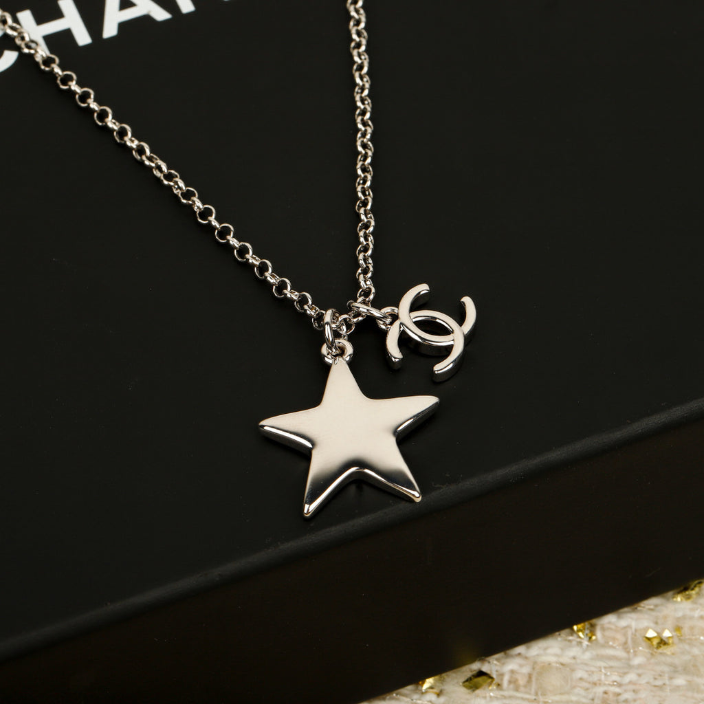 Double-C Emblem Pendant Necklace in Silver-Tone – White Detail styled product view