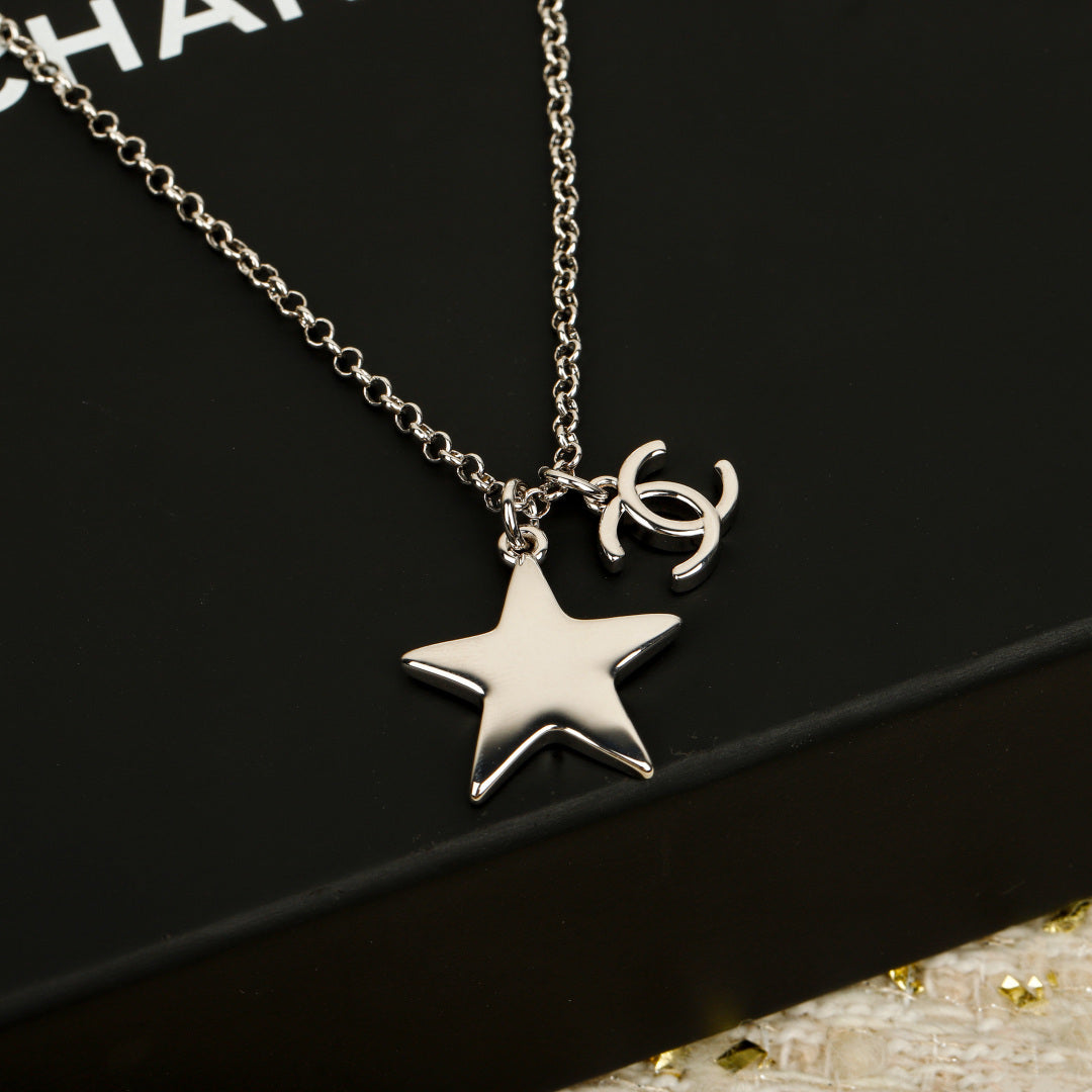Double-C Emblem Pendant Necklace in Silver-Tone – White Detail – Design 002 styled product view