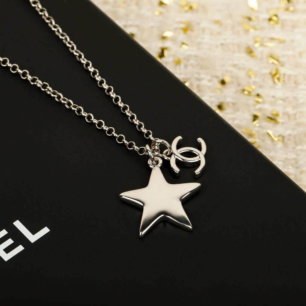 Double-C Emblem Pendant Necklace in Silver-Tone – White Detail detail view