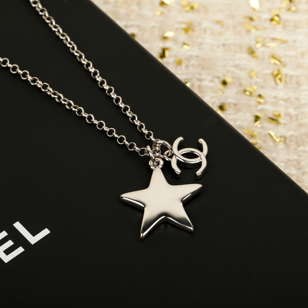 Double-C Emblem Pendant Necklace in Silver-Tone – White Detail – Design 002 detail view