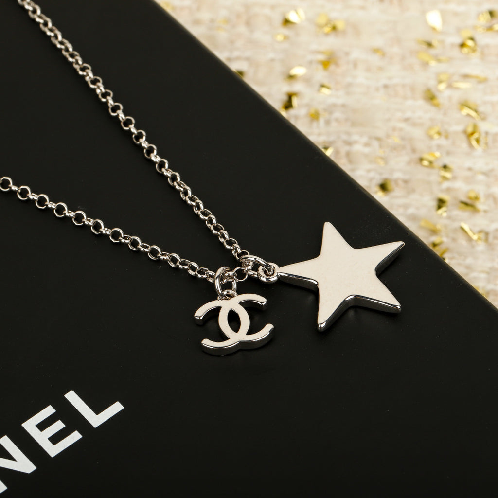 Double-C Emblem Pendant Necklace in Silver-Tone – White Detail side detail