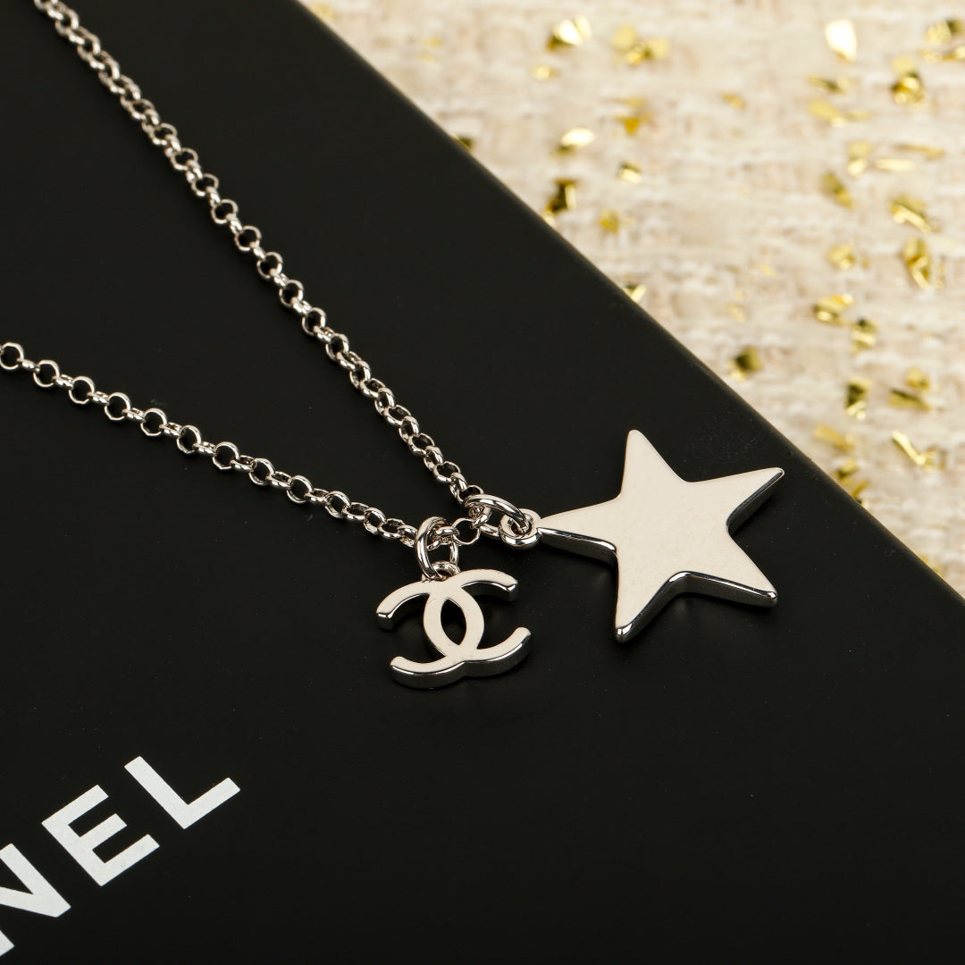 Double-C Emblem Pendant Necklace in Silver-Tone – White Detail – Design 002 side detail