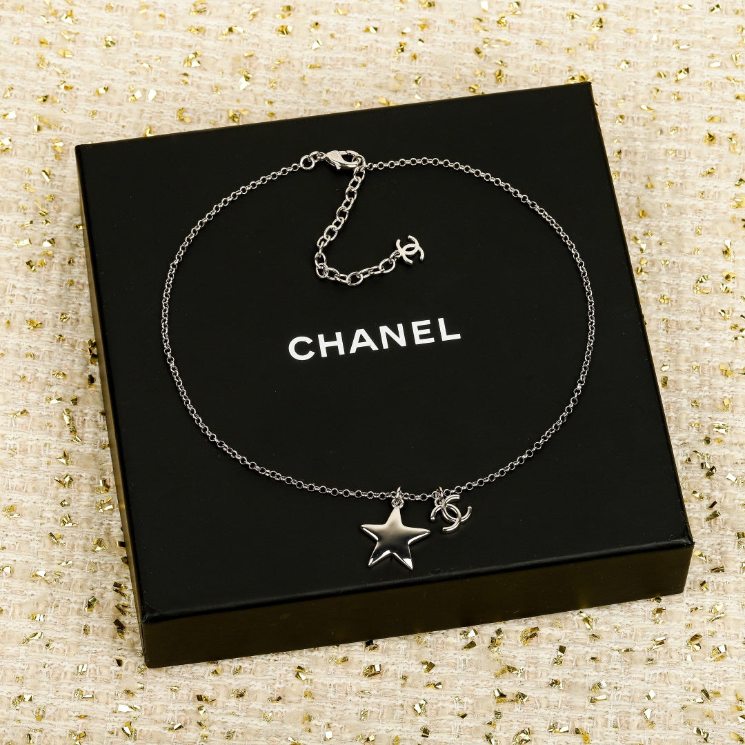 Double-C Emblem Pendant Necklace in Silver-Tone – White Detail – Design 002 main product view