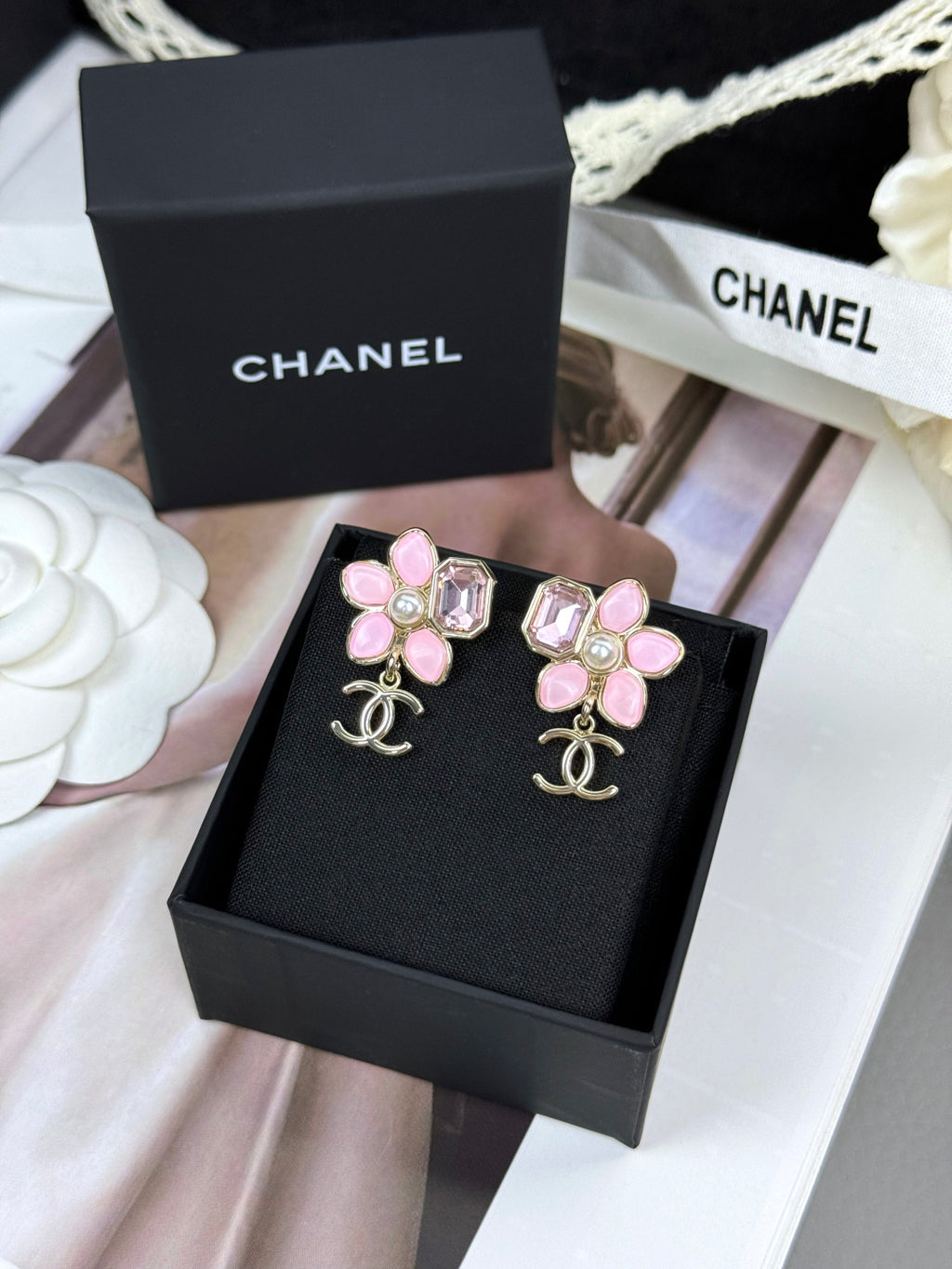 Double-C Emblem Statement Earrings in Polished Metal-Tone – Pink Detail close-up detail