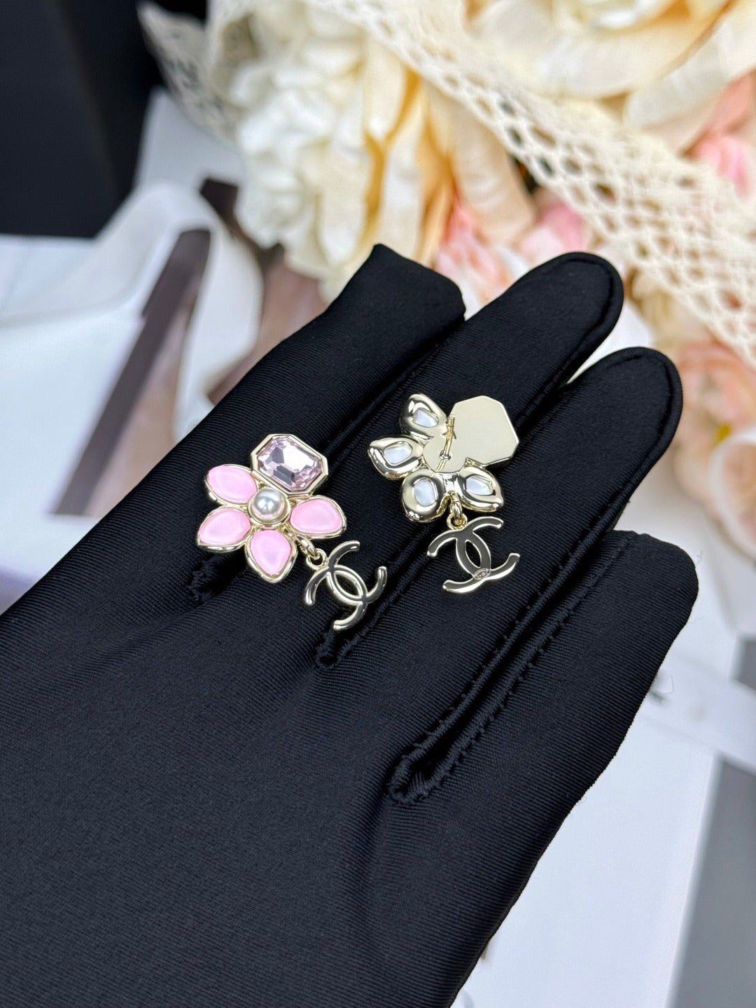 Double-C Emblem Statement Earrings in Polished Metal-Tone – Pink Detail front product view