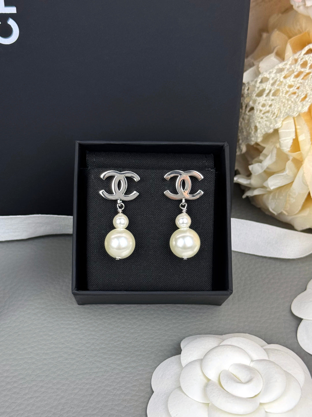 Double-C Emblem Pearl-Detail Statement Earrings – Pearl Detail – Design 025 front product view