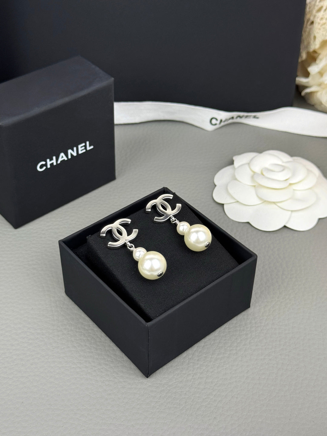 Double-C Emblem Pearl-Detail Statement Earrings – Pearl Detail – Design 025 detail view