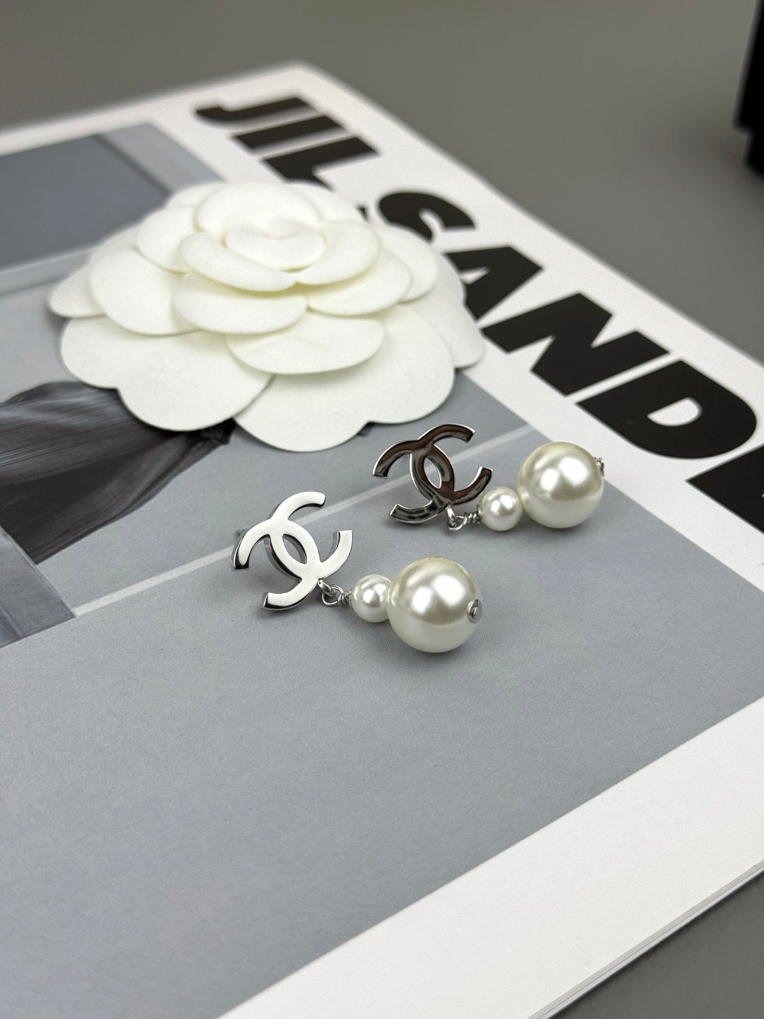 Double-C Emblem Pearl-Detail Statement Earrings – Pearl Detail – Design 025 front product view