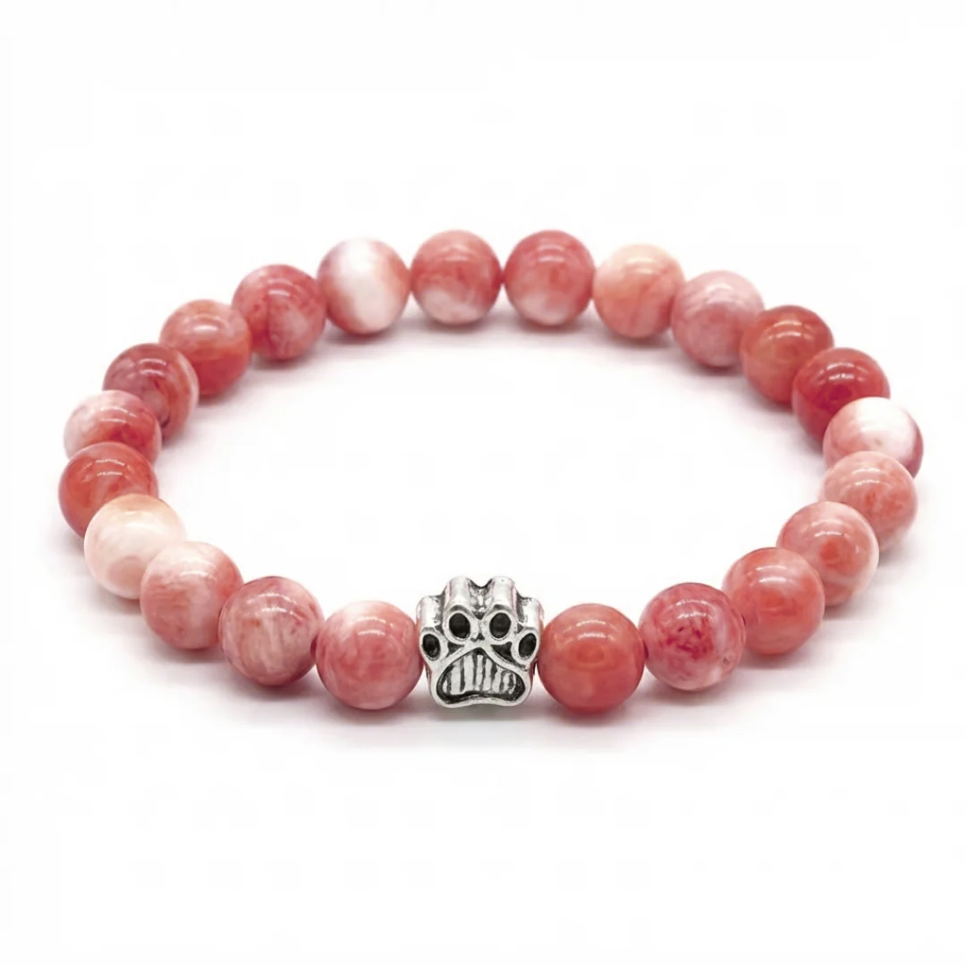 Sunset Pink Marble Agate Bead Bracelet | Silver Paw Charm | Rescue Charity