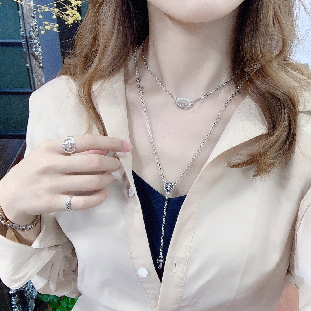 Signature Emblem Pendant Necklace in Polished Metal-Tone – Design 019 side detail