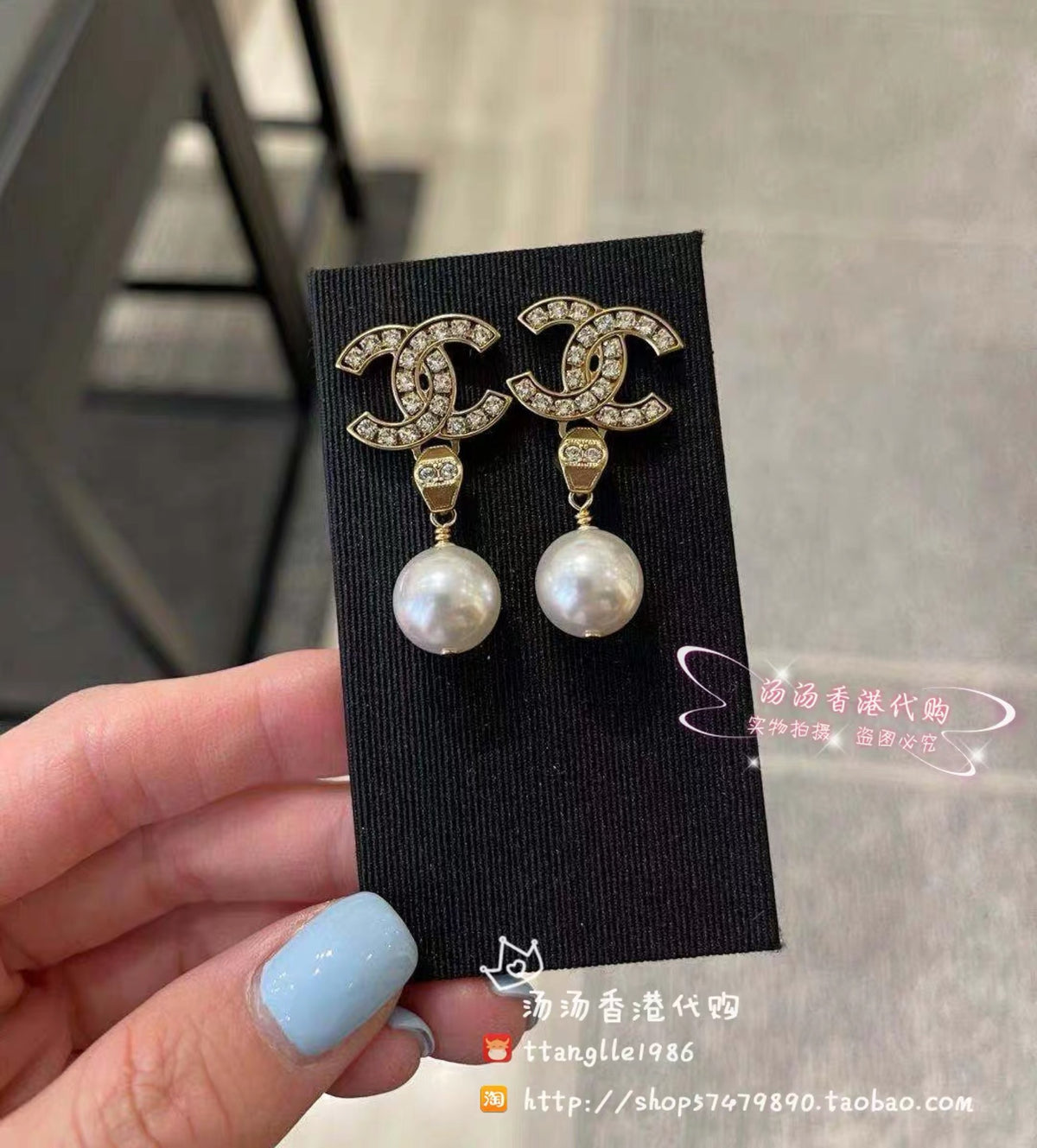 Double-C Emblem Pearl-Detail Stud Earrings – Pearl Detail – Design 012 front product view